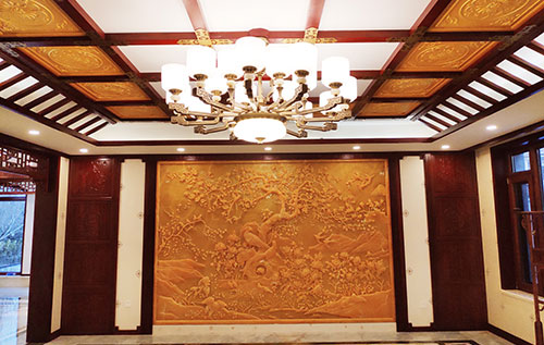 甘州中式别墅客厅中式木作横梁吊顶装饰展示